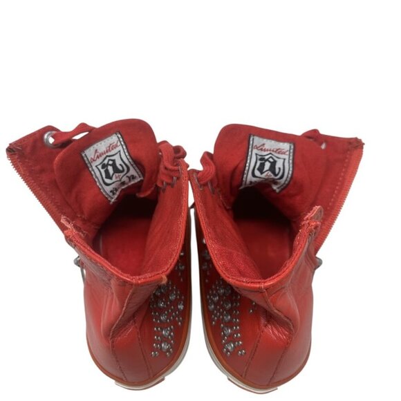 ASH Red Soft Leather High Top Sneakers Silver Studded Stars Distressed Toe 7 Y2K - Picture 10 of 13